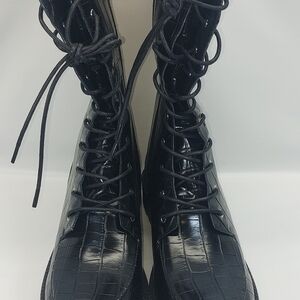 Coutgo Womens Mid Calf Lace Up Boots Lug Sole Closed ToeSide Zipper Military